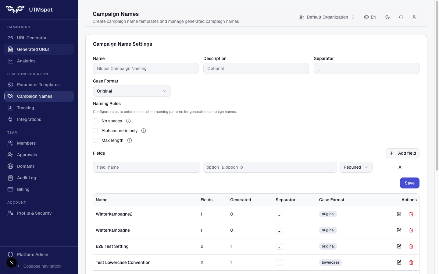 UTMspot Kampagnen-Naming – Namenskonventionen mit Regeln, Feldern und Formatierung