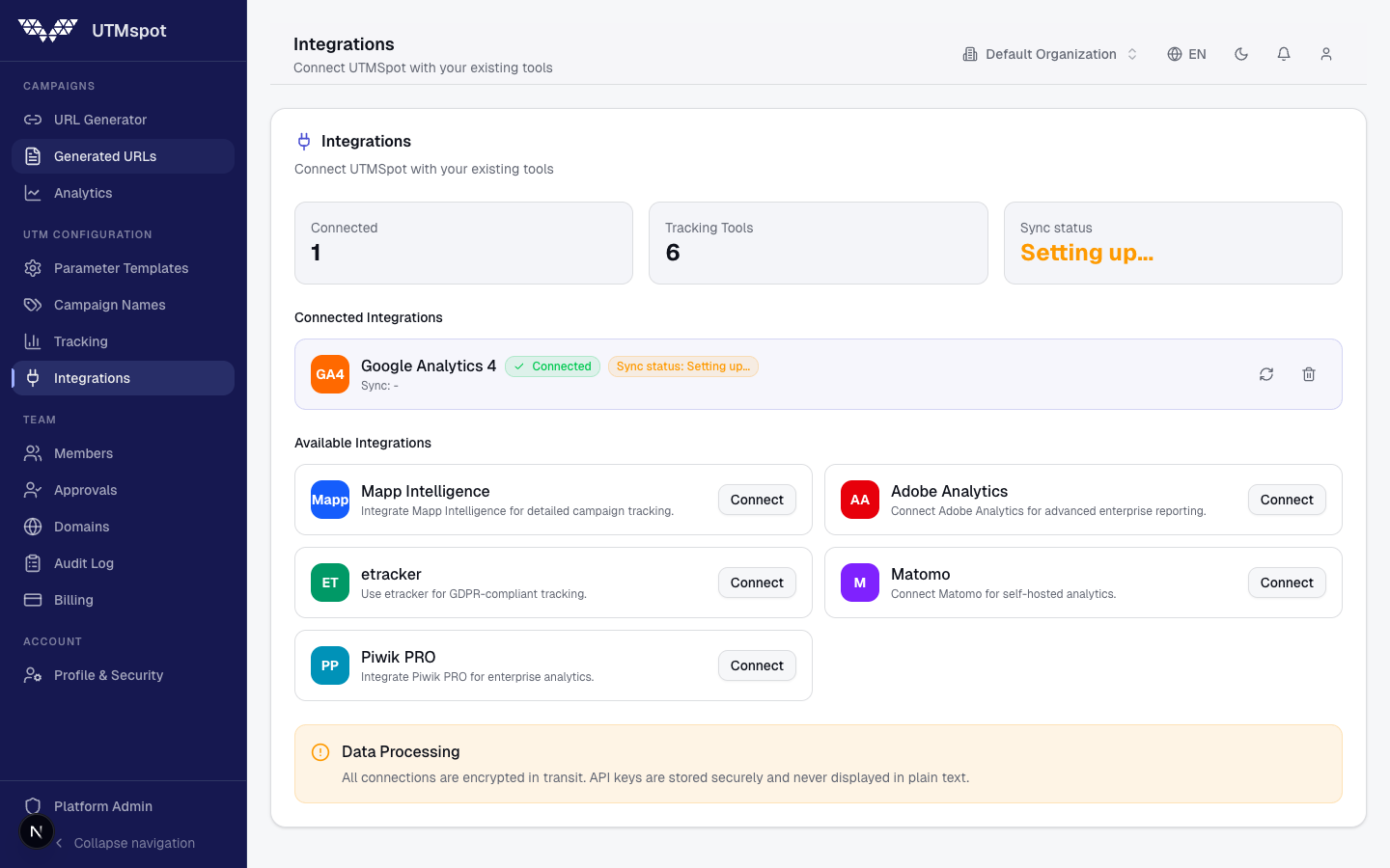 UTMspot Integrationen – Verbundene Analyse-Plattformen mit verschlüsselter Credential-Speicherung