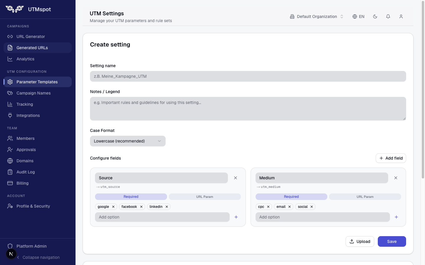 UTMspot Parameter-Templates – Gesteuerte Dropdowns mit vordefinierten Werten für Source und Medium